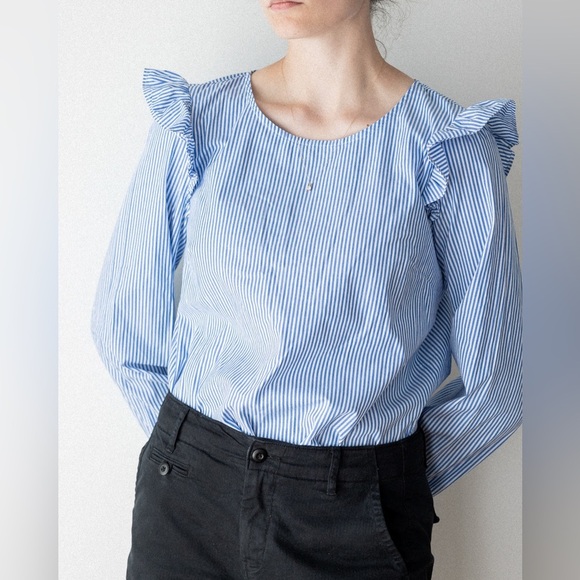 J. Crew Blue and White Striped Blouse with Ruffle Sleeves - Picture 1 of 6